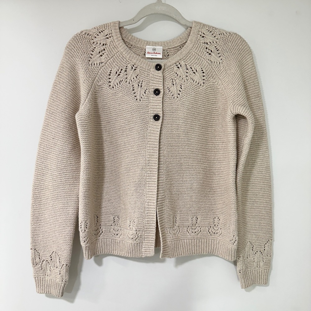 Hanna Andersson Pointelle Knit Cardigan Kids 160 Beige Button Front